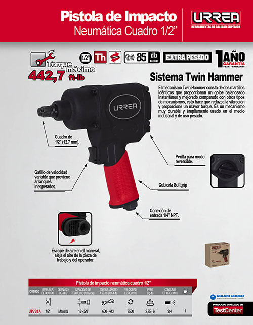 Pistola de impacto neumática cuadro de 1/2 1,000 Ft-lb composite sistema  twin hammer - Urrea México